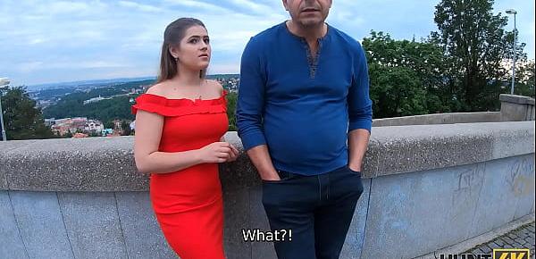  HUNT4K. Prague girl in beautiful red dress takes it off for cash with dads permission
